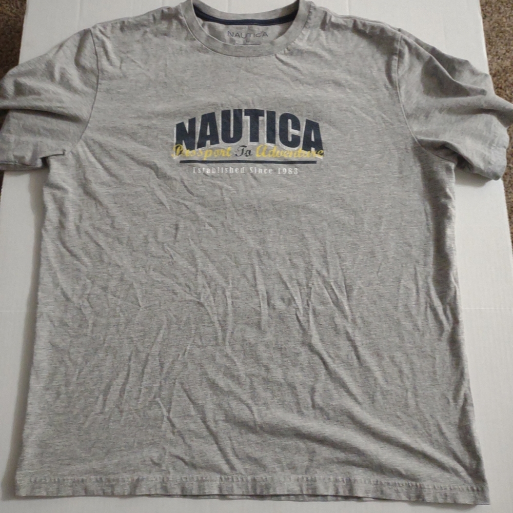 Size Large Grey Nautica Graphic Tshirt with shark. Gently used. Zero Flaws.